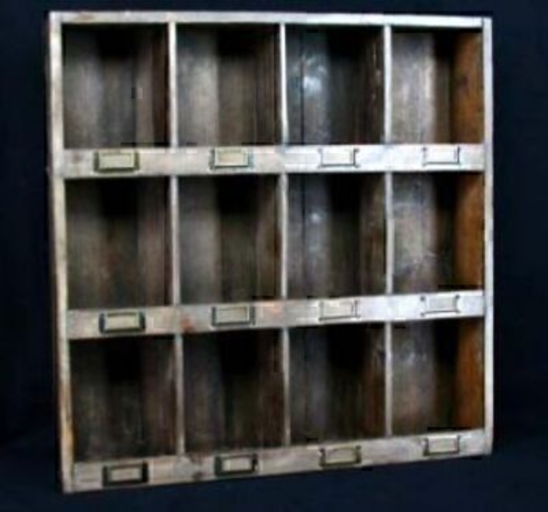 Shabby chic wooden shelf unit by Gisela Graham, with 12 individual compartments each with its own brass plaque for you own label. Size 60x12x60cm. Each compartment 13x18cm.